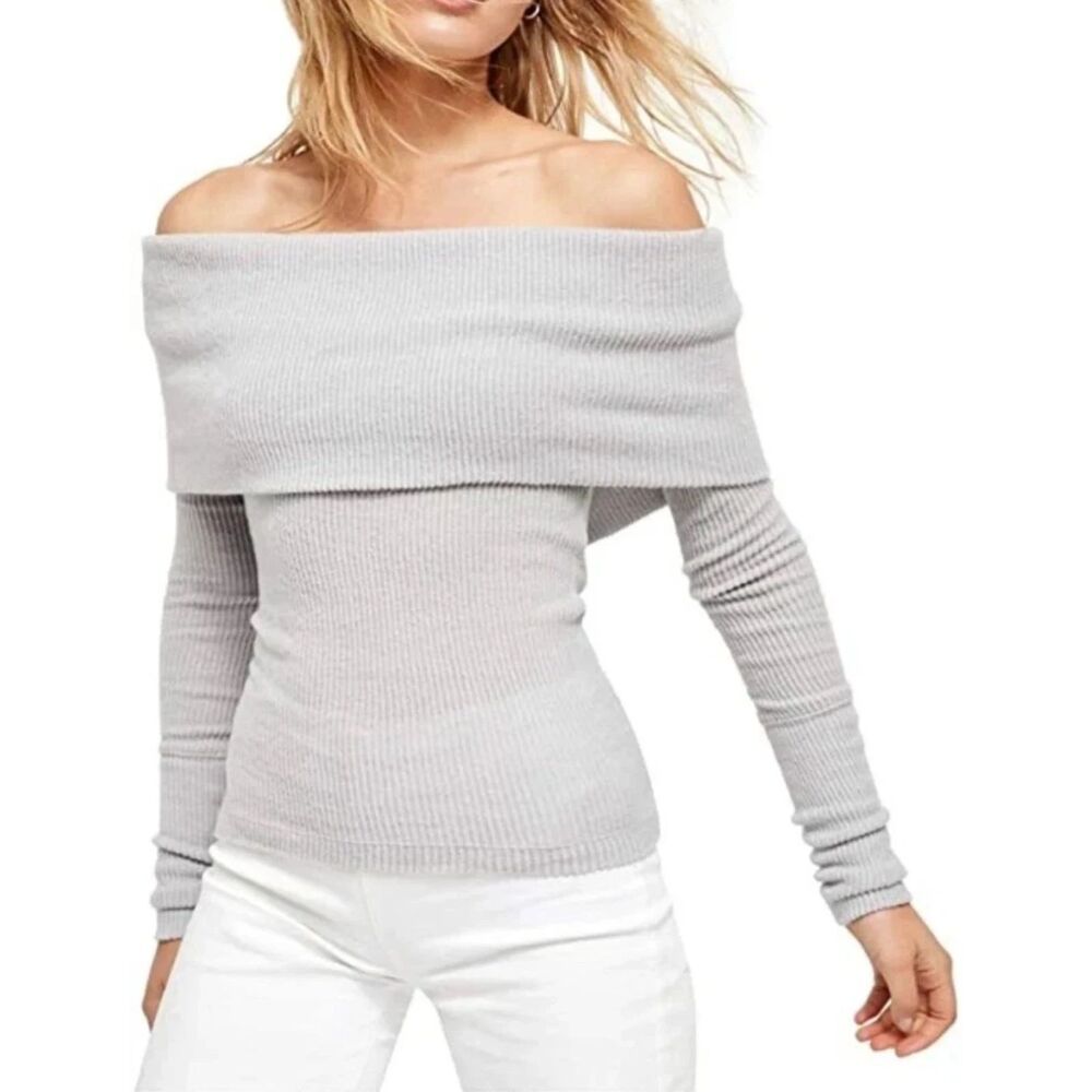 Free People Gray Snow Bunny Long Sleeve Top Off the Shoulder Size Small